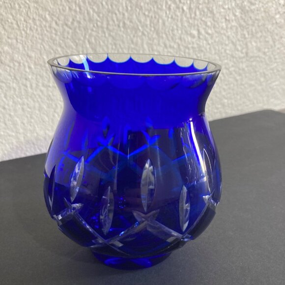 Bohemian Glass Cobalt Blue Cut to Clear Candle Holder Or Vase - Picture 3 of 7